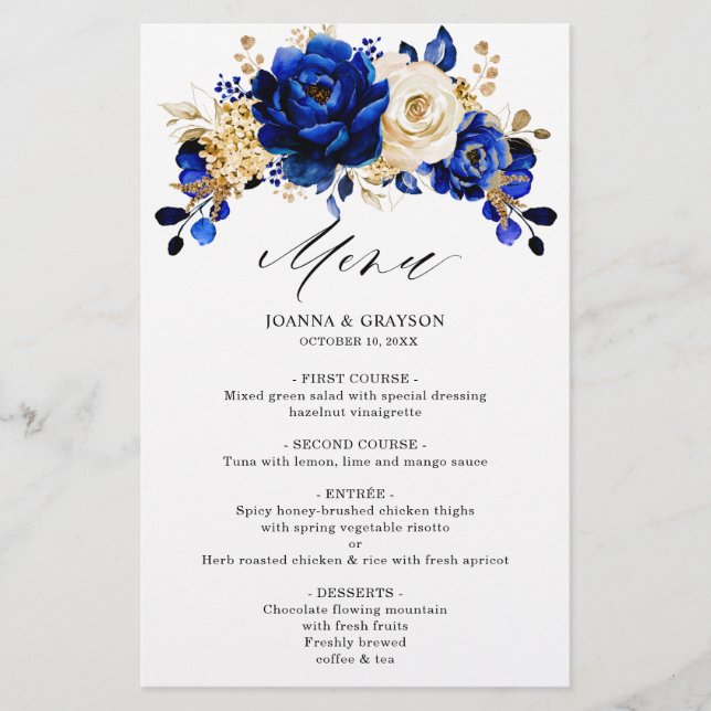 Royal Blue Yellow Gold Metallic Wedding Menu (Front)