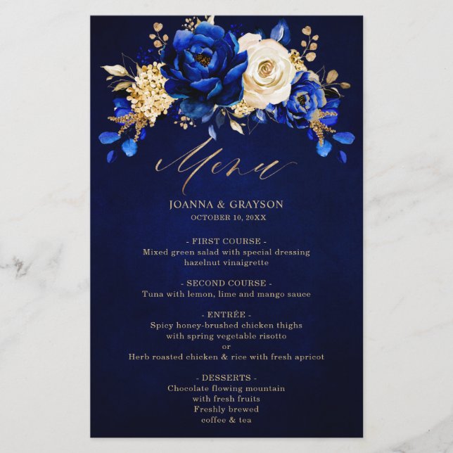 Royal Blue Yellow Gold Metallic Wedding Menu (Front)