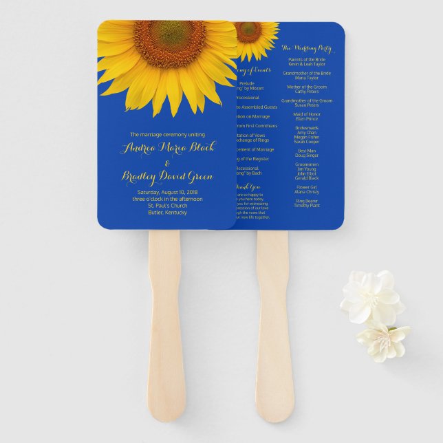 Royal Blue Yellow Sunflower Wedding Program Fan (Front and Back)