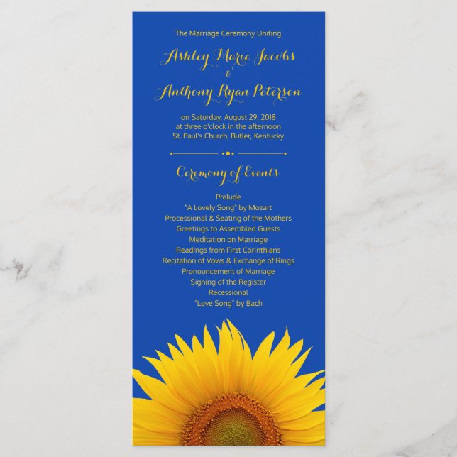 Royal Blue Yellow Sunflower Wedding Program Programme (Front)