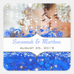 Royal Blue Your Photo Romantic Heart Leaf Square Sticker