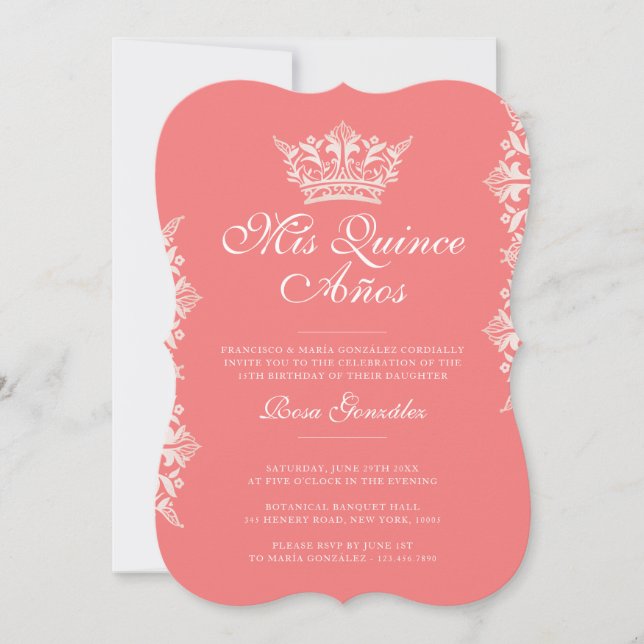 Royal Blush Leaf Crown Elegant Pink Quinceañera Invitation (Front)