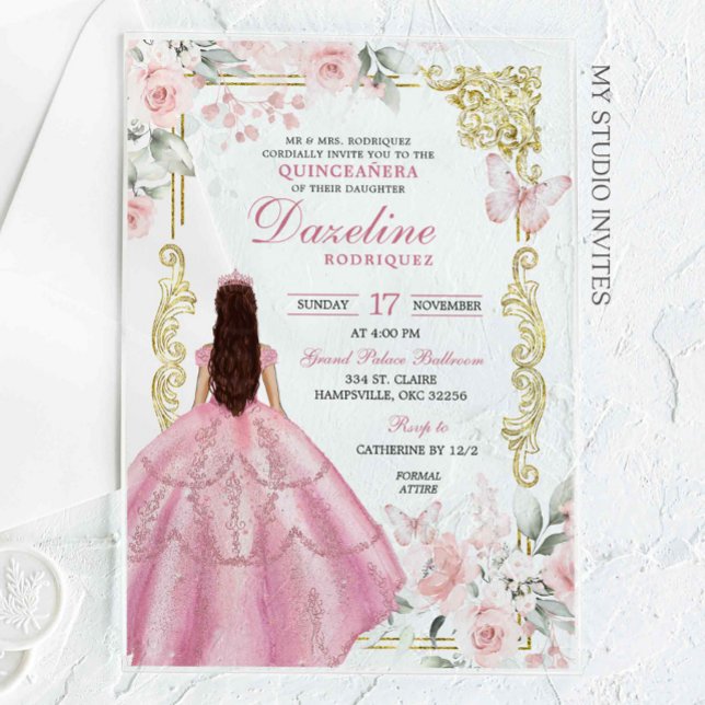 Royal Blush Pink Princess Quinceañera Acrylic Invitations (Creator Uploaded)