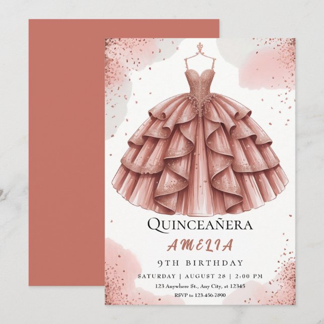 Royal Blush Pink & Rose Gold Quinceañera Invitation (Front/Back)
