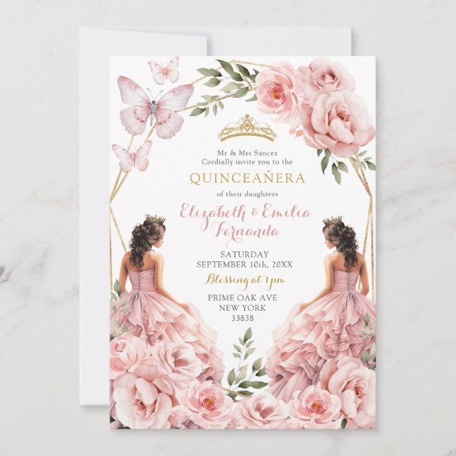 Royal Blush Pink Twins Geometric Quinceañera Invitation (Front)