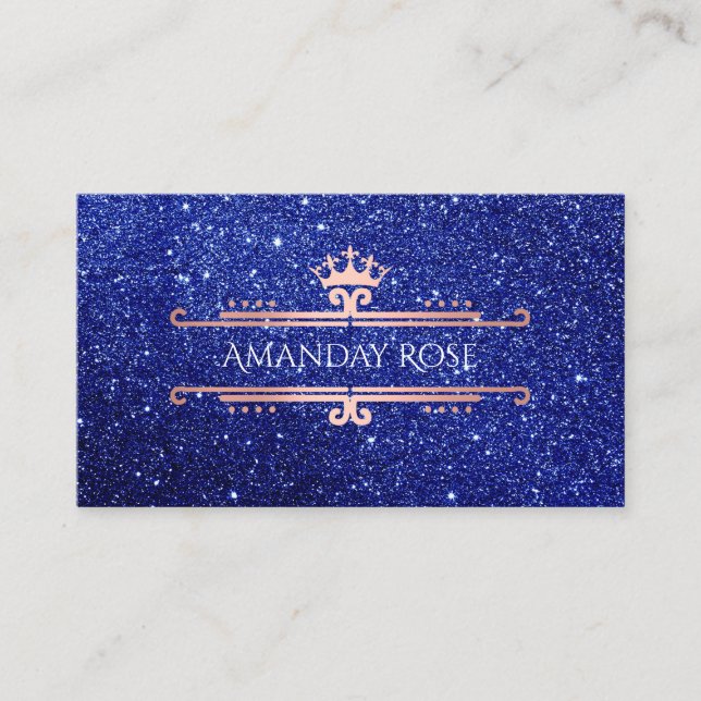 Royal Brand Name Rose White Blue Navy Glitter Business Card (Front)