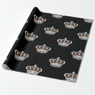 Royal Brown Crown Pattern on Bold Black Background Wrapping Paper