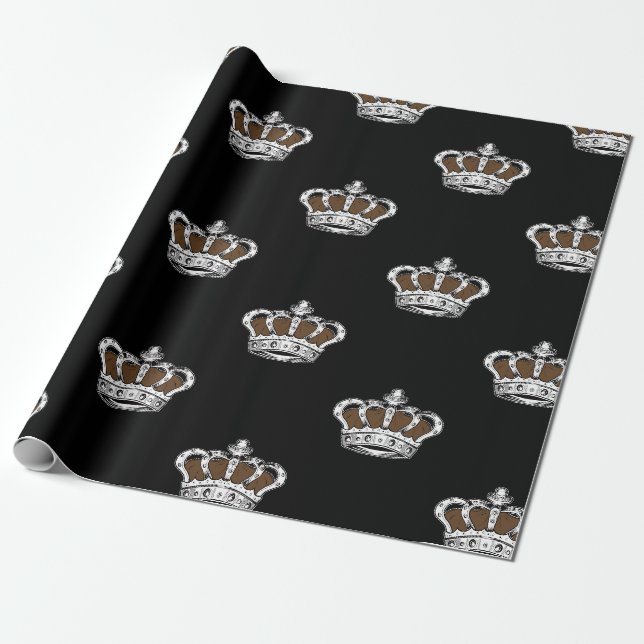 Royal Brown Crown Pattern on Bold Black Background Wrapping Paper (Unrolled)