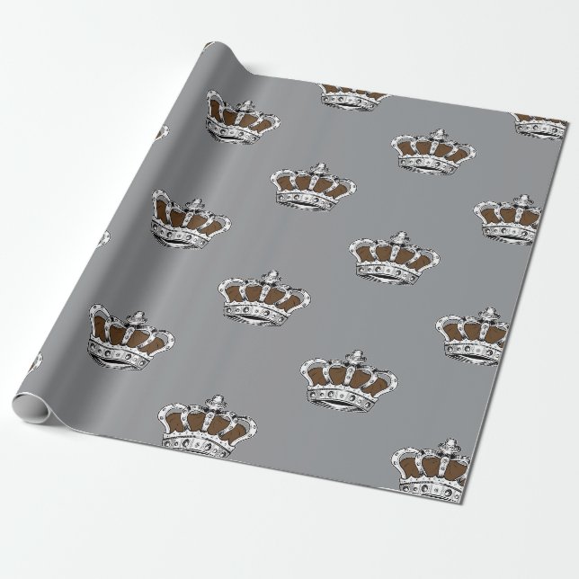 Royal Brown Crown Pattern on Modern Gray Back Wrapping Paper (Unrolled)