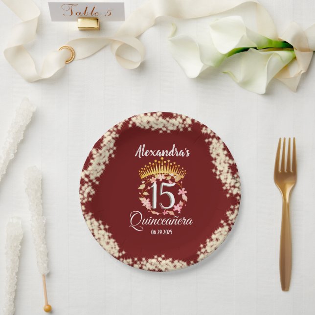 Royal Burgandy Vintage Boho Quinceañera Spanish Paper Plate (Wedding)