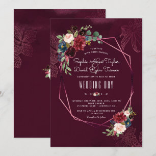 Royal Burgundy Blush Floral Geometric Wedding Invitation