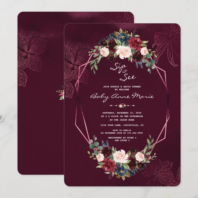 Royal Burgundy Blush Floral Sip & See Baby Shower Invitation (Front/Back)