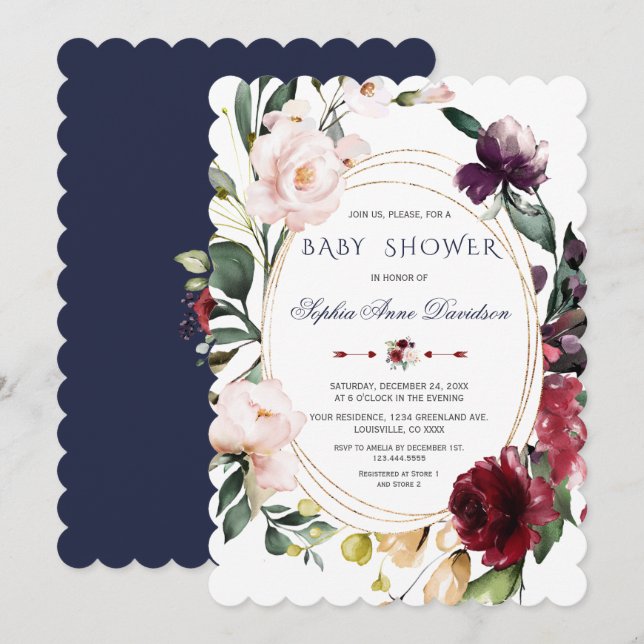 Royal Burgundy Blush Flowers Blue Gold Wedding Invitation (Front/Back)