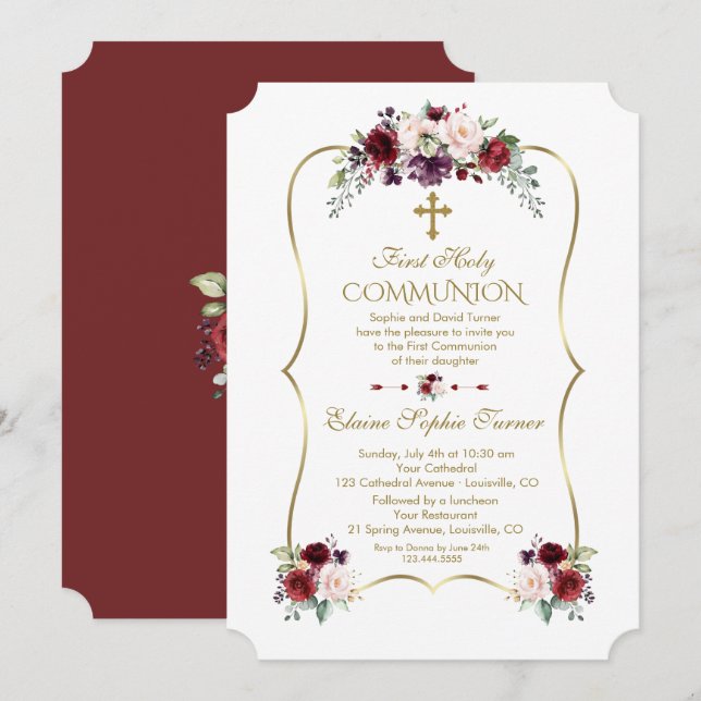 Royal Burgundy Blush Flowers First Holy Communion Invitation (Front/Back)