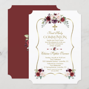 Royal Burgundy Blush Flowers First Holy Communion Invitation
