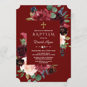 Royal Burgundy Blush Flowers Gold Cross Baptism Invitation