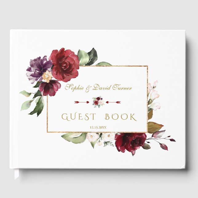 Royal Burgundy Blush Flowers Gold Wedding Guest Book (Front)