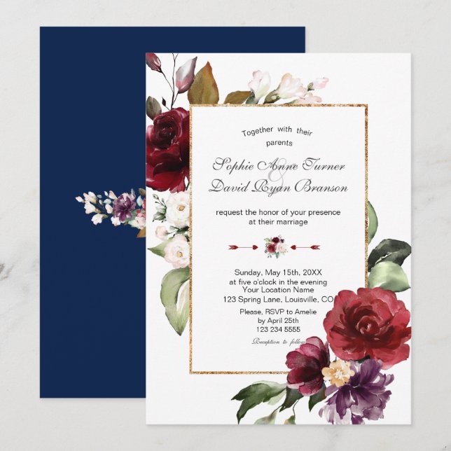 Royal Burgundy Blush Flowers Gold Wedding Invitation (Front/Back)