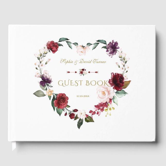 Royal Burgundy Blush Flowers Navy Blue Wedding Guest Book (Front)