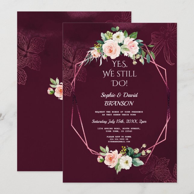 Royal Burgundy Blush Flowers Vow Renewal Invitation (Front/Back)