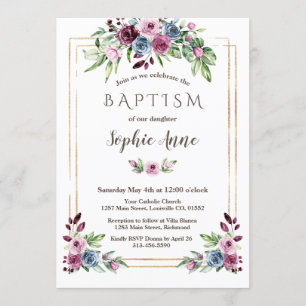 Royal Burgundy Dusty Blue Flowers Girl Baptism Invitation