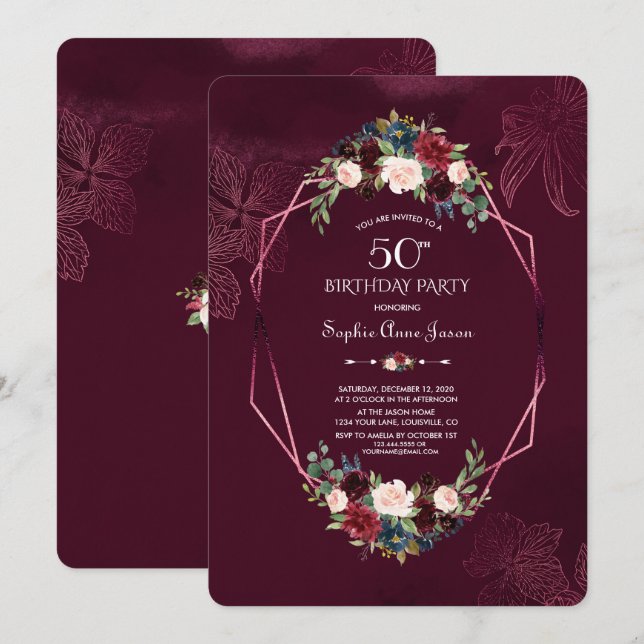 Royal Burgundy Floral Geometric 50th Birthday Invitation (Front/Back)