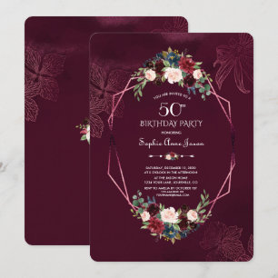 Royal Burgundy Floral Geometric 50th Birthday Invitation