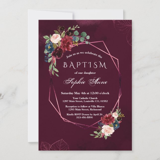 Royal Burgundy Floral Geometric Girl Baptism Invitation (Front)