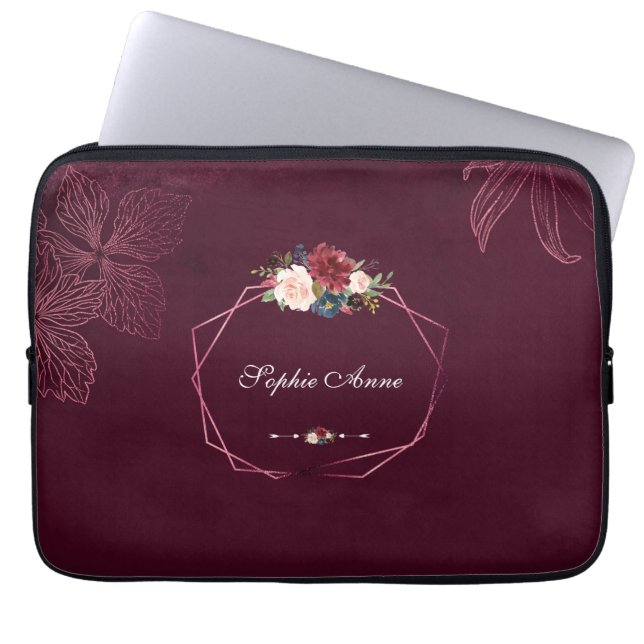 Royal Burgundy Floral Geometric Laptop Sleeve (Front)