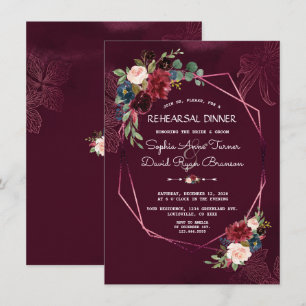 Royal Burgundy Floral Geometric Rehearsal Dinner Invitation