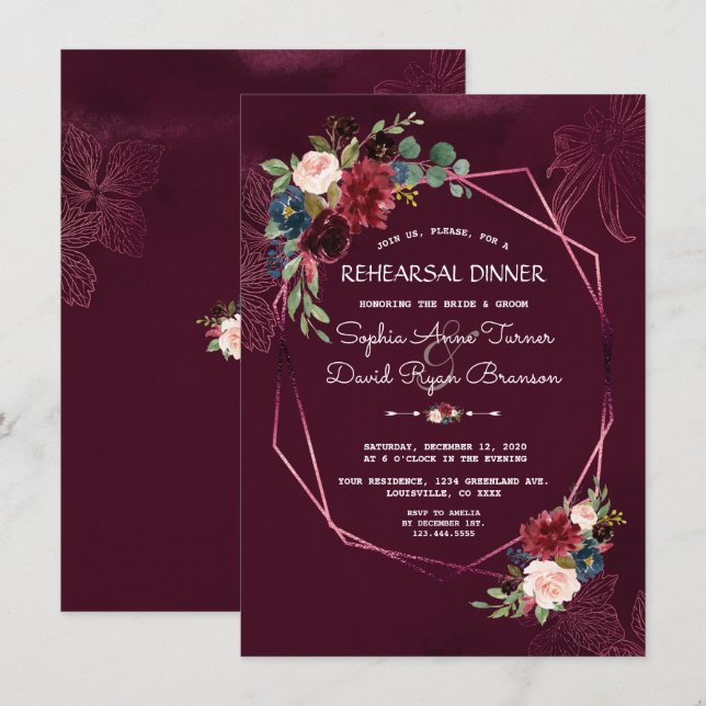 Royal Burgundy Floral Geometric Rehearsal Dinner Invitation (Front/Back)