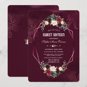 Royal Burgundy Floral Geometric Sweet 16 Invitation