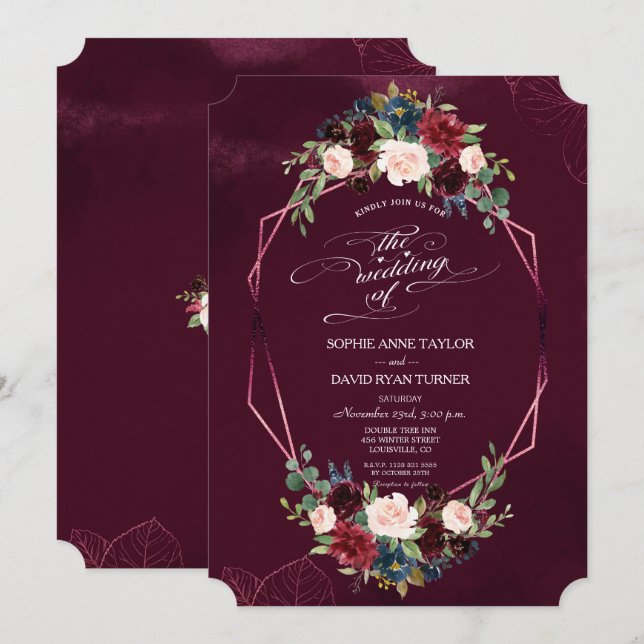 Royal Burgundy Floral Geometric Wedding Invitation (Front/Back)