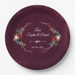 Royal Burgundy Floral Geometric Wedding Paper Plate