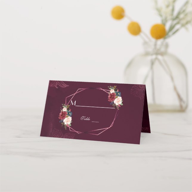 Royal Burgundy Floral Geometric Wedding Place Card (Back)