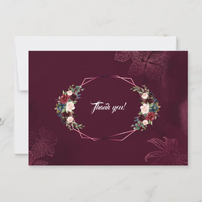 Royal Burgundy Floral Geometric Wedding Thank you Card (Front)