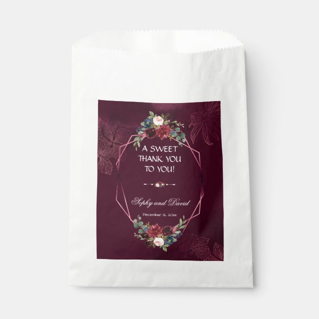 Royal Burgundy Floral Geometric Wedding THANK YOU Favour Bags (Front)