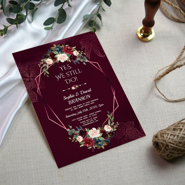 Royal Burgundy Floral Geometry Wedding Anniversary Invitation (Creator Uploaded)