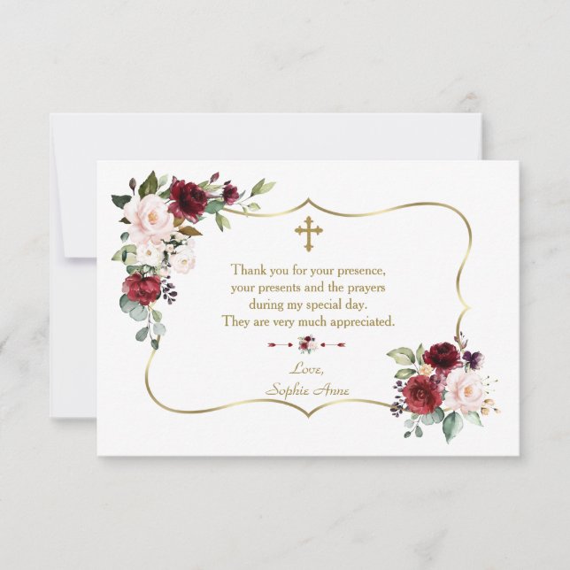 Royal Burgundy Floral Gold Frame Cross Baptism Thank You Card (Front)