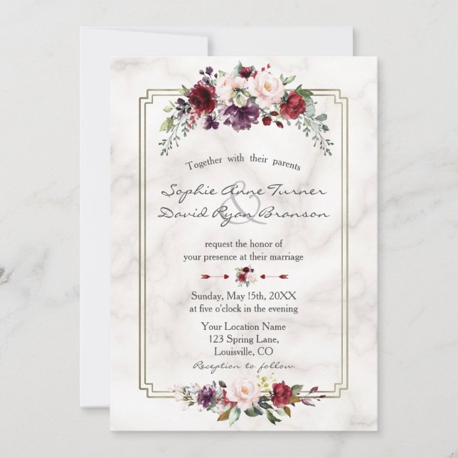 Royal Burgundy Floral Gold Marble Monogram Wedding Invitation (Front)