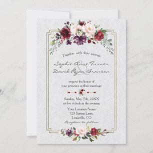 Royal Burgundy Floral Gold Monogram Wedding Invitation