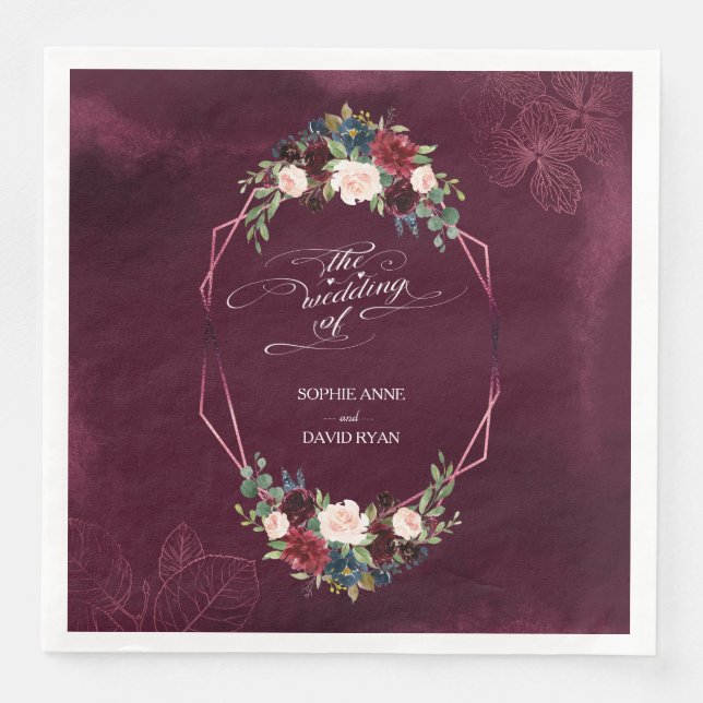 Royal Burgundy Floral Leaves Geometric Wedding Napkin (Front)