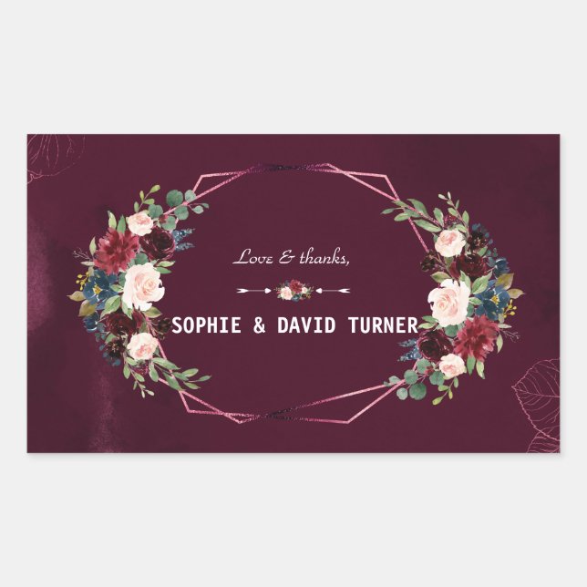 Royal Burgundy Floral Leaves Geometric Wedding Rectangular Sticker (Front)
