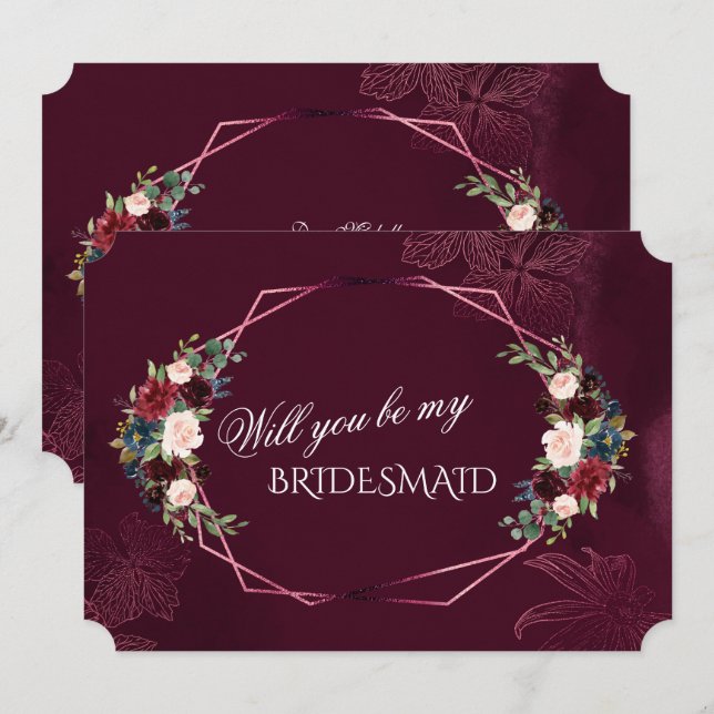Royal Burgundy Floral Will You Be My Bridesmaid Invitation (Front/Back)