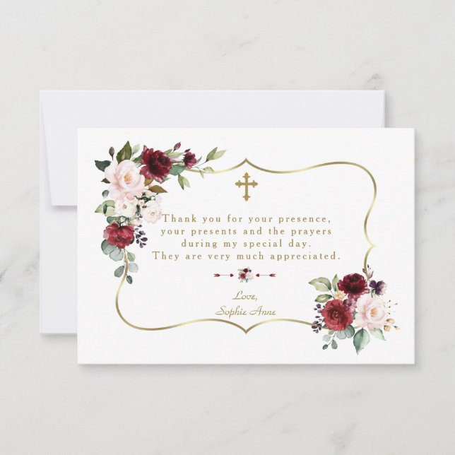 Royal Burgundy Flowers Gold Frame Girl Baptism Thank You Card (Front)