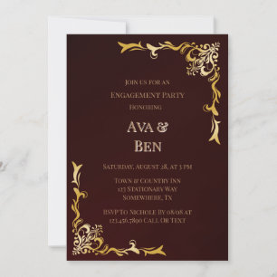 Royal Burgundy Gold Flourishes Engagement Party Invitation