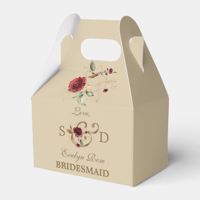 Royal Burgundy Gold Flowers Monogram Wedding Favour Box (Front Side)