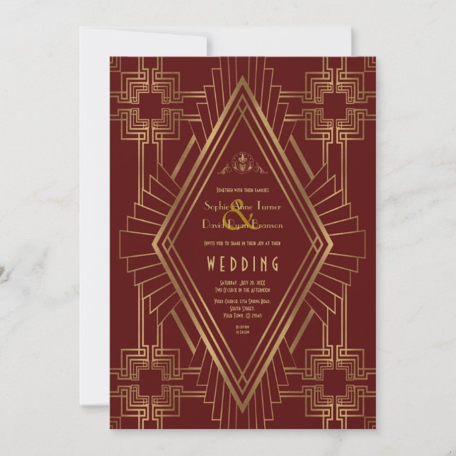 Royal Burgundy Gold Great Gatsby Wedding Invitation (Front)