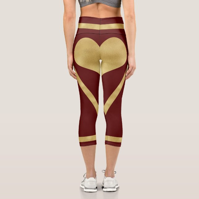Royal Burgundy Gold Heart Stripes Capri Leggings (Back)