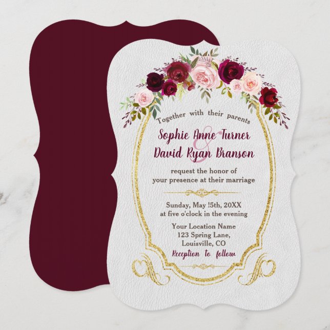 Royal Burgundy Gold Marsala Floral Wedding Invitation (Front/Back)